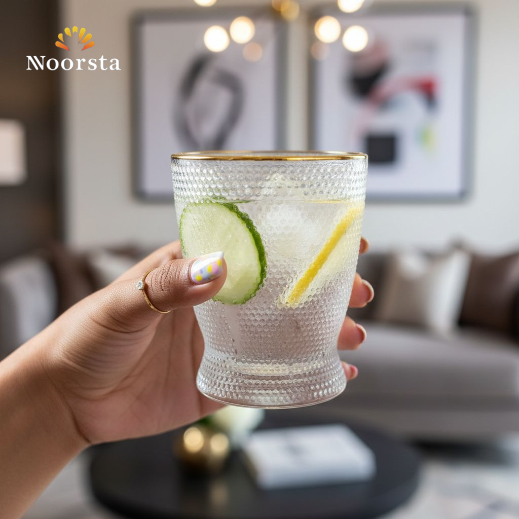 طقم كوبايات وشوب زجاج محبب بحافة دهبي لتقديمات للضيوف الشيك - Premium Textured Glass Drinkware Set with Gold Rim for Stylish Hosting - Noorsta