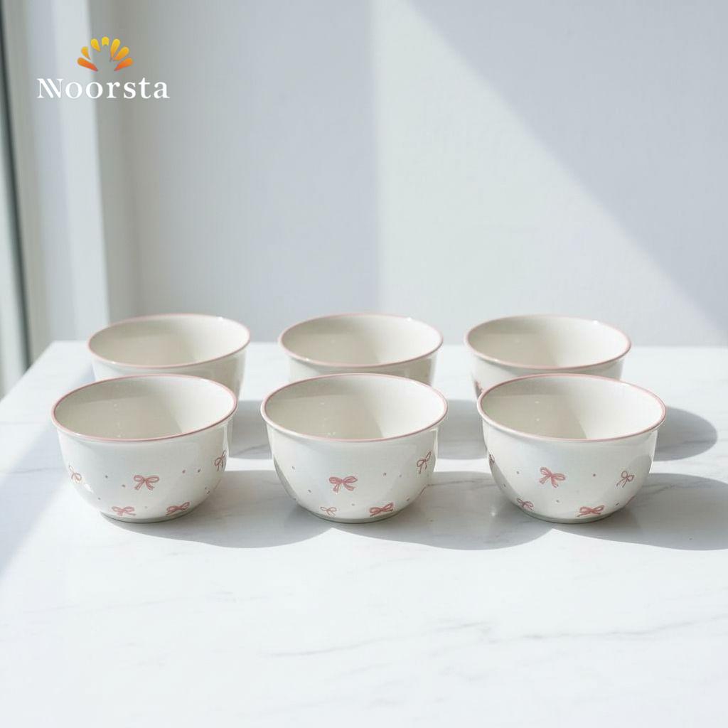 طقم بولات بورسلين 6 قطع بنقشة الفيونكة مقاس 10 سم - Elegant 6-Piece Porcelain Bow Patterned Bowls 10cm - Noorsta