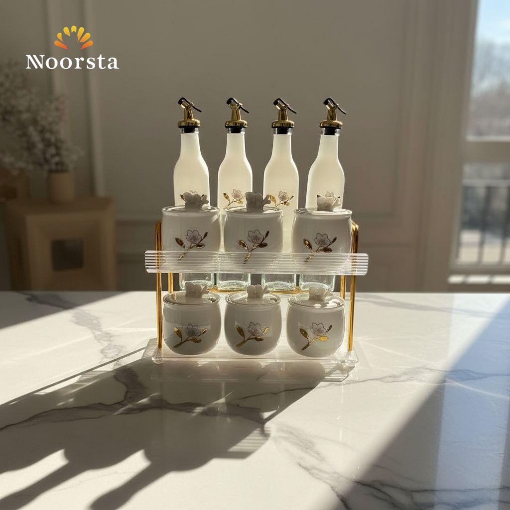 طقم توابل وزياتات شيك لجهاز العروسة - Elegant Floral Porcelain and Glass Spice Set with Acrylic Stand - Noorsta