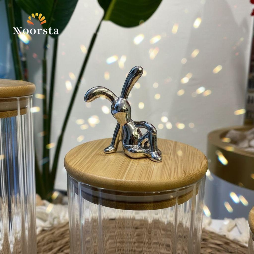 Royal Ribbed Glass Canister Set with Silver Rabbit Finial - 3 Piece Luxury Collection