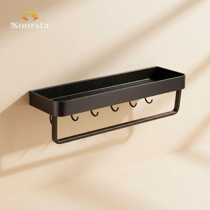Modern Matte Black Wall Organizer Shelf with Hooks & Towel Bar