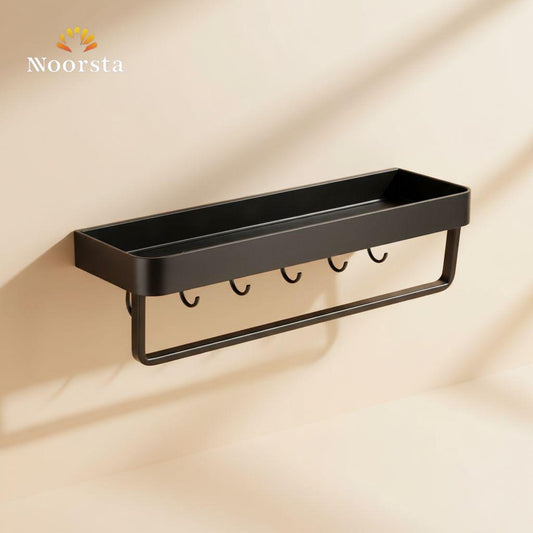 Modern Matte Black Wall Organizer Shelf with Hooks & Towel Bar