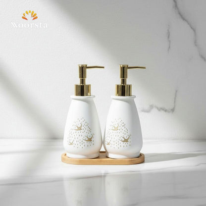 طقم ديسبنسر صابون بورسلين أبيض في جولد شيك جدا - Elegant White and Gold Porcelain Soap Dispenser Set - Noorsta