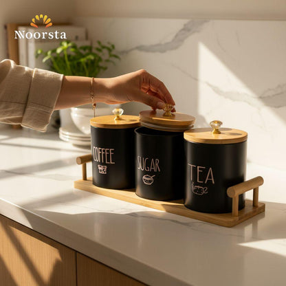 The 'Noir' Matte Black Canister Set with Bamboo Accents & Crystal Knobs - 4 Piece Set