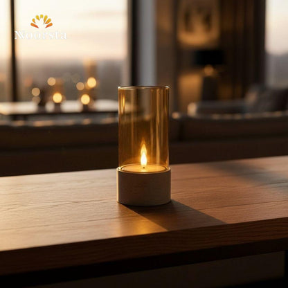شمعدان ببطارية لإضاءة دافية في عزومات العيلة - Modern Amber Glass Battery-Operated Candle Holder - Noorsta