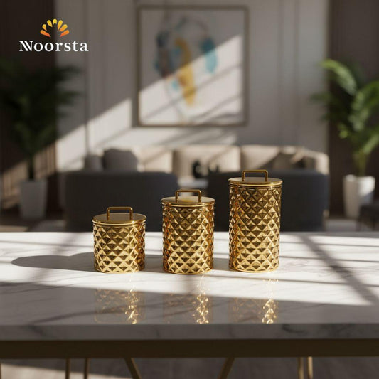 طقم علب تخزين ذهبية ٣ قطع بتصميم هندسي - Luxury 3-Piece Geometric Gold Storage Canister Set - Noorsta