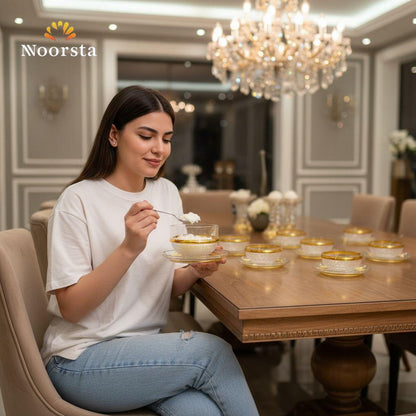طقم خشاف جهاز العروسة بحرف دهبي - Elegant 12-Piece Gold-Rimmed Dessert Set - Noorsta