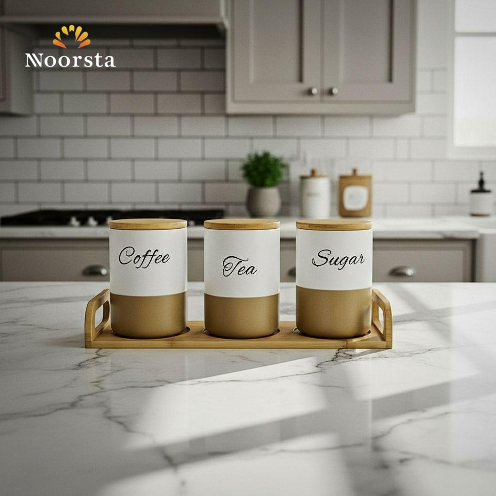طقم علب شاي وسكر بورسلين 3 قطع دهبي في أبيض - Elegant 3-Piece Porcelain Coffee Tea Sugar Canister Set - Noorsta