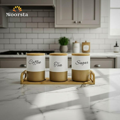 طقم علب شاي وسكر بورسلين 3 قطع دهبي في أبيض - Elegant 3-Piece Porcelain Coffee Tea Sugar Canister Set - Noorsta