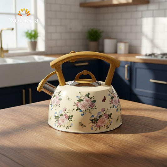 براد شاي صاج بصفارة ونقشة فلوري 3 لتر - Vintage Floral Enamel Whistling Kettle 3L - Noorsta