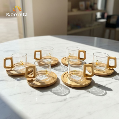 طقم فناجين قهوة بايركس بيد خشب طبيعي وأطباق خشبية - Modern Pyrex Glass Coffee Cup Set with Wooden Handles - Noorsta