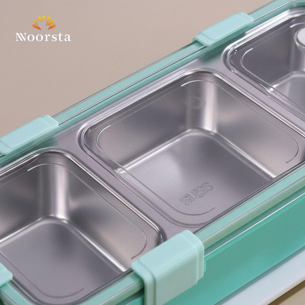 لانش بوكس مقسم 3 خانات ستانلس ستيل وبلاستيك صحي - Premium 3-Compartment Stainless Steel Lunch Box - Noorsta