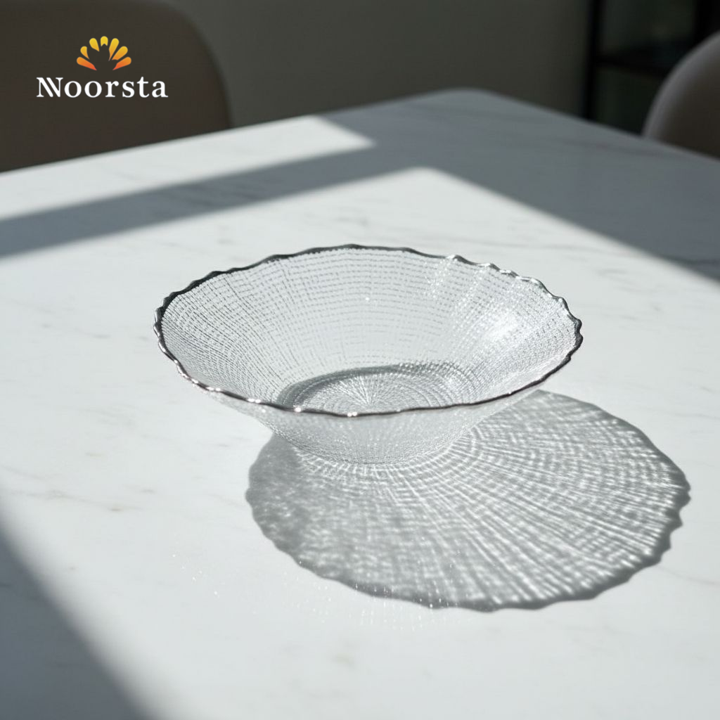 طبق فاكهة زجاج كريستال بحواف سيلفر - Elegant Crystal Glass Fruit Bowl with Silver Rim - Noorsta