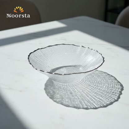طبق فاكهة زجاج كريستال بحواف سيلفر - Elegant Crystal Glass Fruit Bowl with Silver Rim - Noorsta