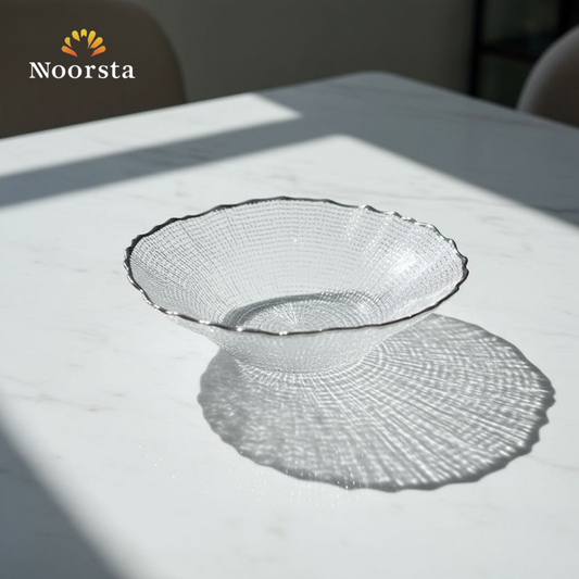 طبق فاكهة زجاج كريستال بحواف سيلفر - Elegant Crystal Glass Fruit Bowl with Silver Rim - Noorsta