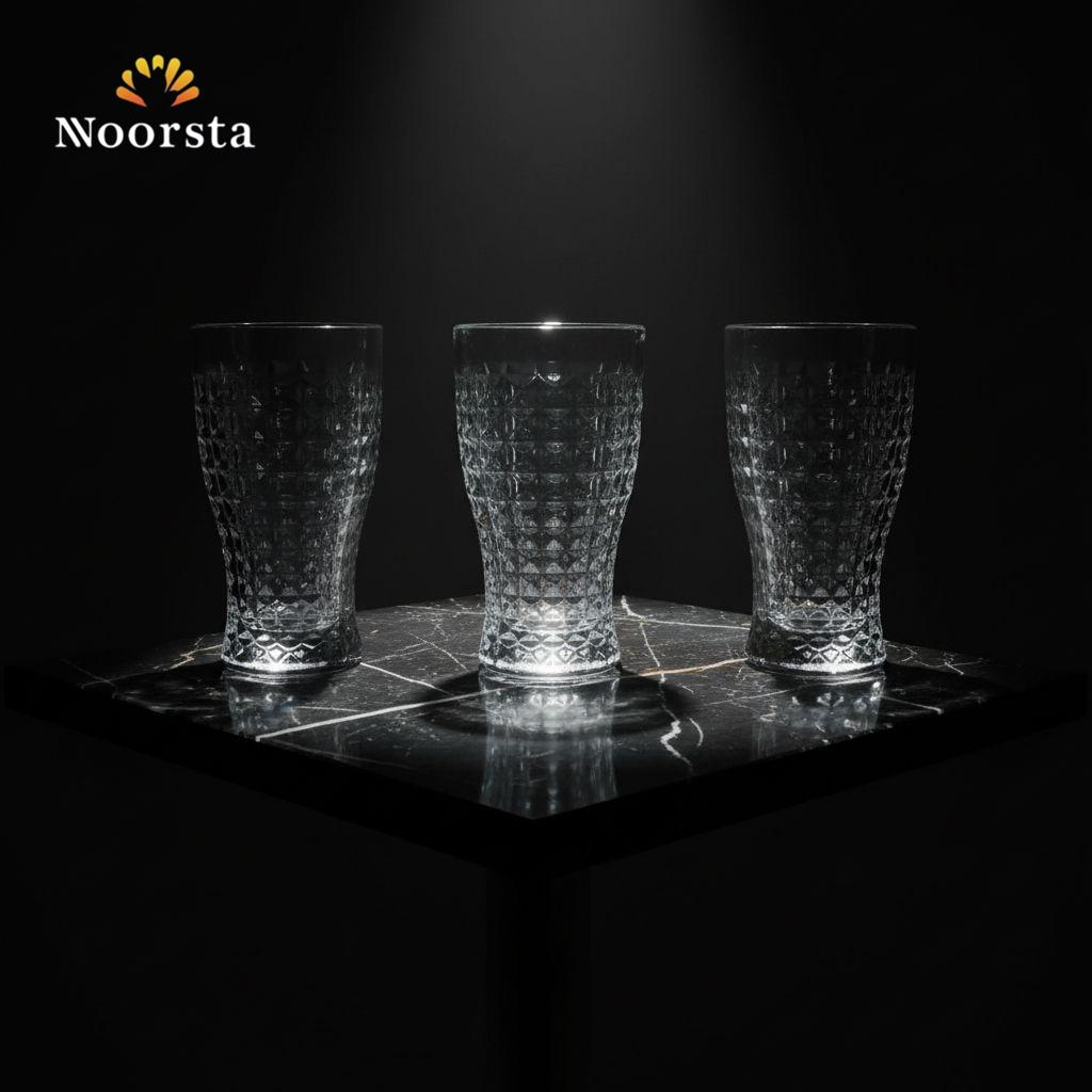 طقم شوب زجاج مودرن 3 قطع بتصميم محفور شيك جدا - Modern Diamond-Cut Glass Tumbler Set of 3 - Noorsta