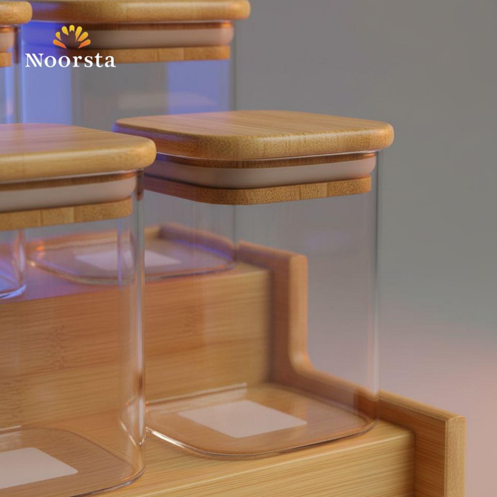 طقم توابل 9 برطمان زجاج بستاند بامبو شيك - Modern Bamboo 9-Jar Tiered Spice Rack Set - Noorsta