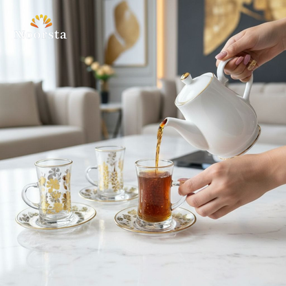 طقم استكانات شاي قزاز بحواف دهبي - Elegant Gold-Rimmed Glass Tea Set - Noorsta