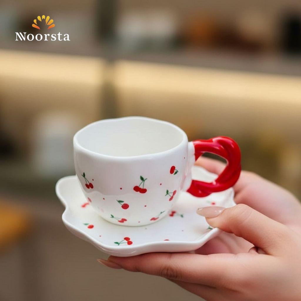 Cherry Motif Sculptural Ceramic Coffee Cup & Saucer