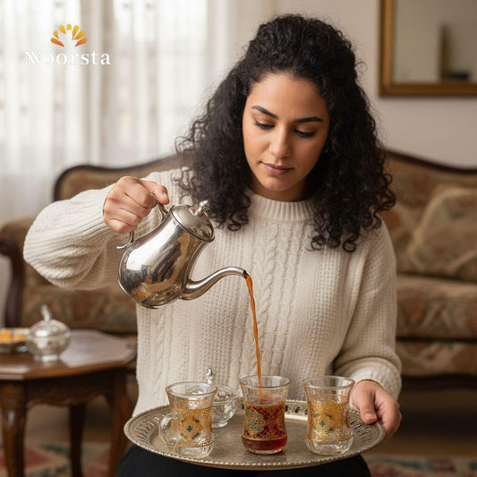 Royal Arabesque Gold & Glass Tea Set with Serving Tray - 7 Pieces