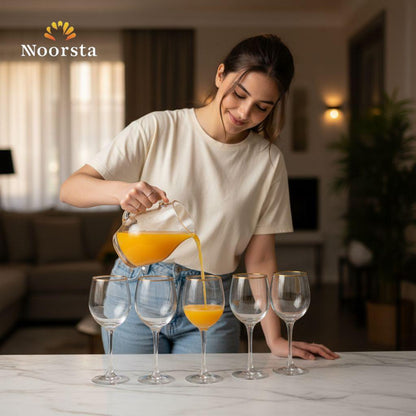 طقم كاسات زجاج شيك للعصاير والتقديم - Elegant Gold-Rimmed Glass Goblet Set - Noorsta