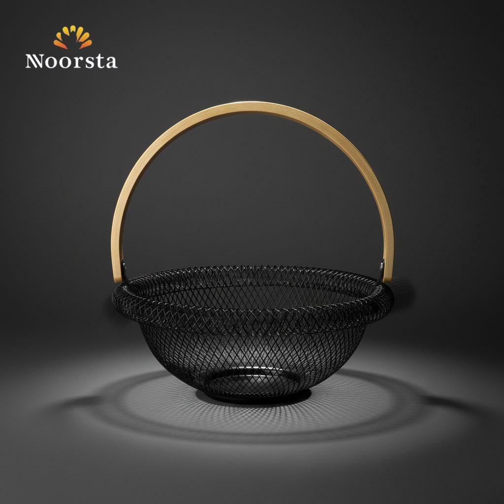 Noorsta Modern Black Wire Mesh Basket with Wooden Handle