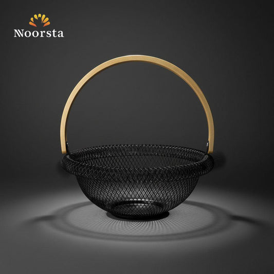 Noorsta Modern Black Wire Mesh Basket with Wooden Handle