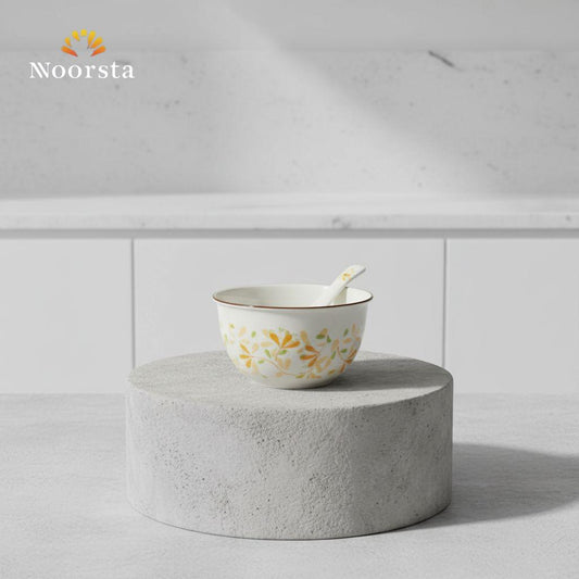 Amber Petal Ceramic Dessert Bowl & Spoon Set - Vintage Botanical Collection