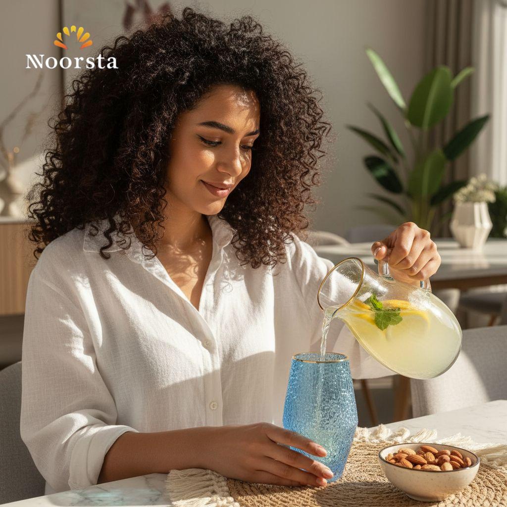 Azure Glacier Textured Glass Tumbler with Gold Rim set