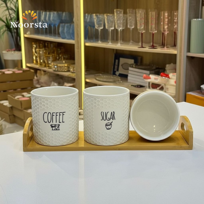 طقم علب بورسلين سكر وشاي بحامل خشب - Premium 3-Piece Porcelain Canister Set - Noorsta