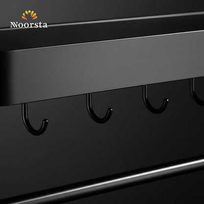 Modern Matte Black Wall Organizer Shelf with Hooks & Towel Bar