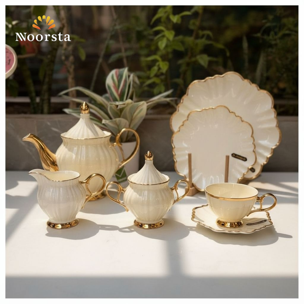 طقم شاي وجاتوه بون تشاينا 21 قطعة بلمسات ذهبية - Elegant 21-Piece Bone China Tea and Cake Set - Noorsta