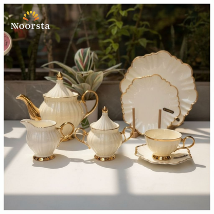 طقم شاي وجاتوه بون تشاينا 21 قطعة بلمسات ذهبية - Elegant 21-Piece Bone China Tea and Cake Set - Noorsta