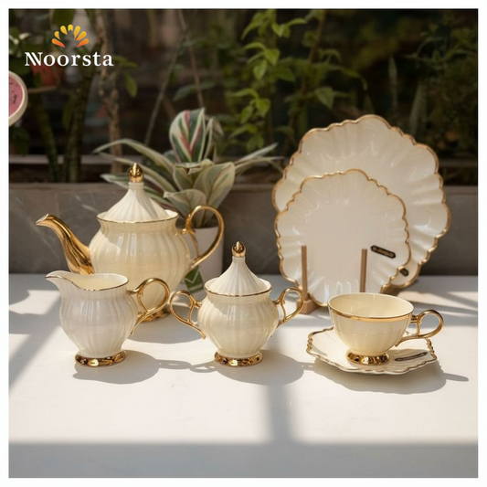 طقم شاي وجاتوه بون تشاينا 21 قطعة بلمسات ذهبية - Elegant 21-Piece Bone China Tea and Cake Set - Noorsta