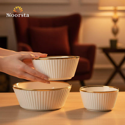 Royal Fluted Porcelain Nesting Bowl Set with Gold Rim - 4 Pieces