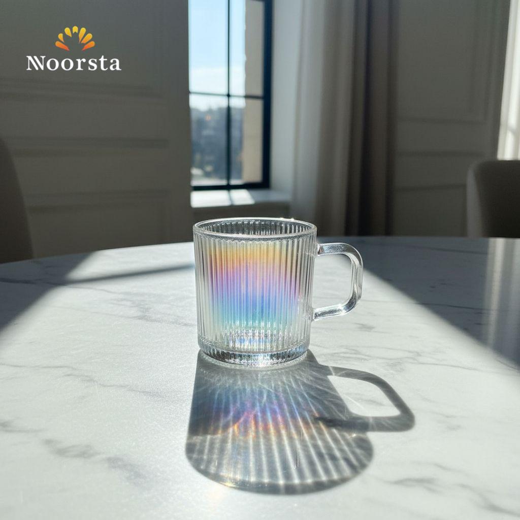 مج قزاز مضلع شيك للقهوة واللاتيه - Modern Ribbed Iridescent Glass Coffee Mug - Noorsta