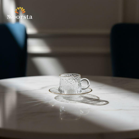 فنجان قهوة قزاز شيك بحواف دهبي - Elegant Textured Glass Coffee Cup Set with Gold Rim - Noorsta