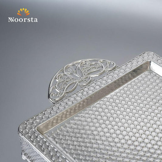 Royal Silver Textured Serving Tray with Ornate Filigree Handles
