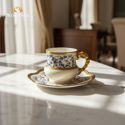 طقم قهوة بورسلين تركي بلمسات دهبي - Elegant Turkish-Style Porcelain Coffee Set - Noorsta