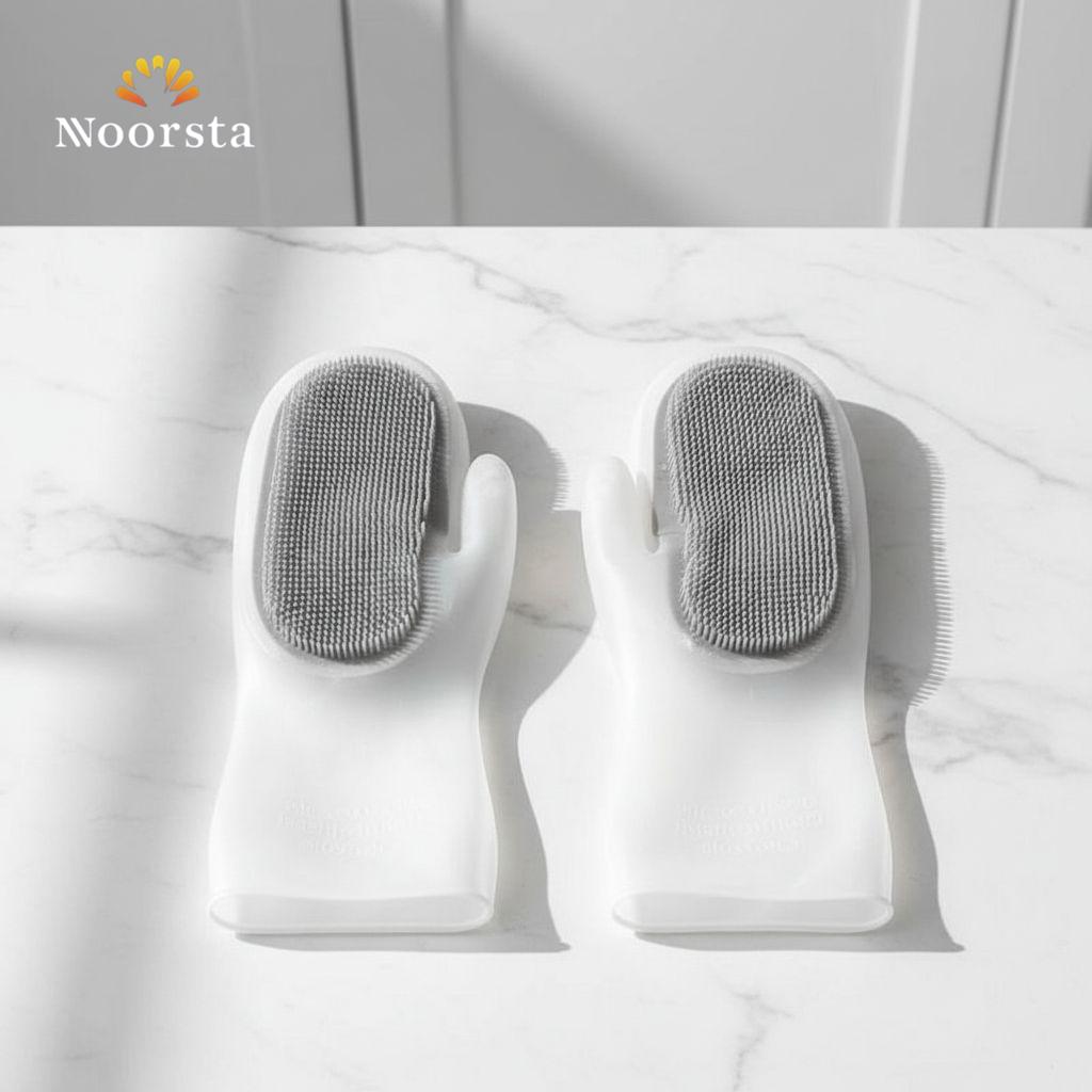 جوانتي مطبخ سيليكون تقيل بفرشاة مدمجة لغسيل المواعين - Premium Heavy-Duty Silicone Cleaning Gloves with Built-in Scrubbers - Noorsta