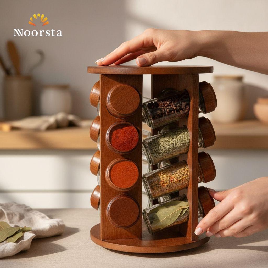 طقم توابل دوار فاخر - منظم خشبي طبيعي مع برطمانات زجاجية