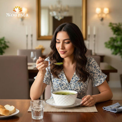 بولة بورسلين شيك للشوربة والسلطة - Premium White Porcelain Soup Bowl with Black Rim - Noorsta