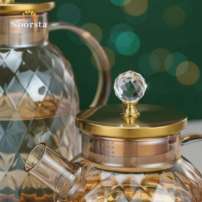 Royal Amber Diamond Glass Teapot & Pitcher Set with Crystal Finial