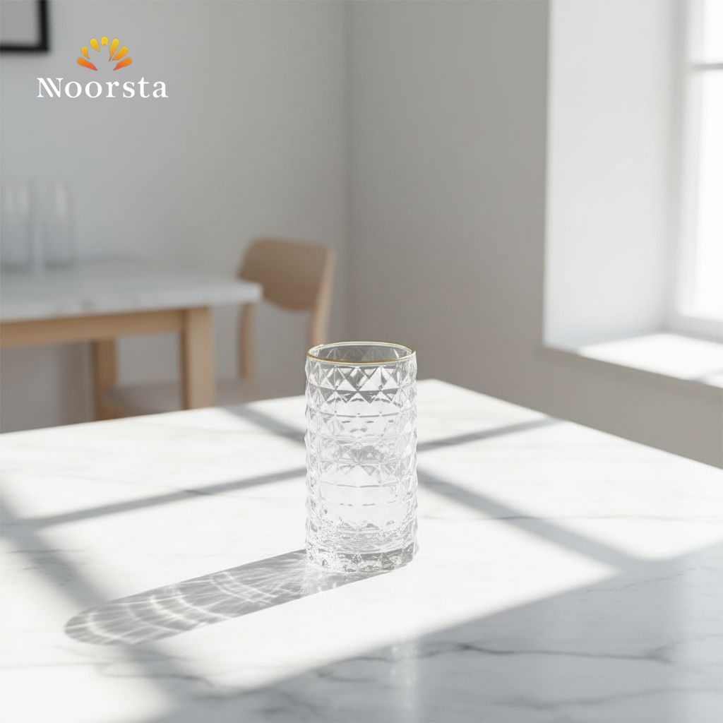 طقم كوبايات وشوبات كريستال بحافة دهبي لتقديم العصاير - Elegant crystal-textured glass set with gold rim for cold beverages - Noorsta