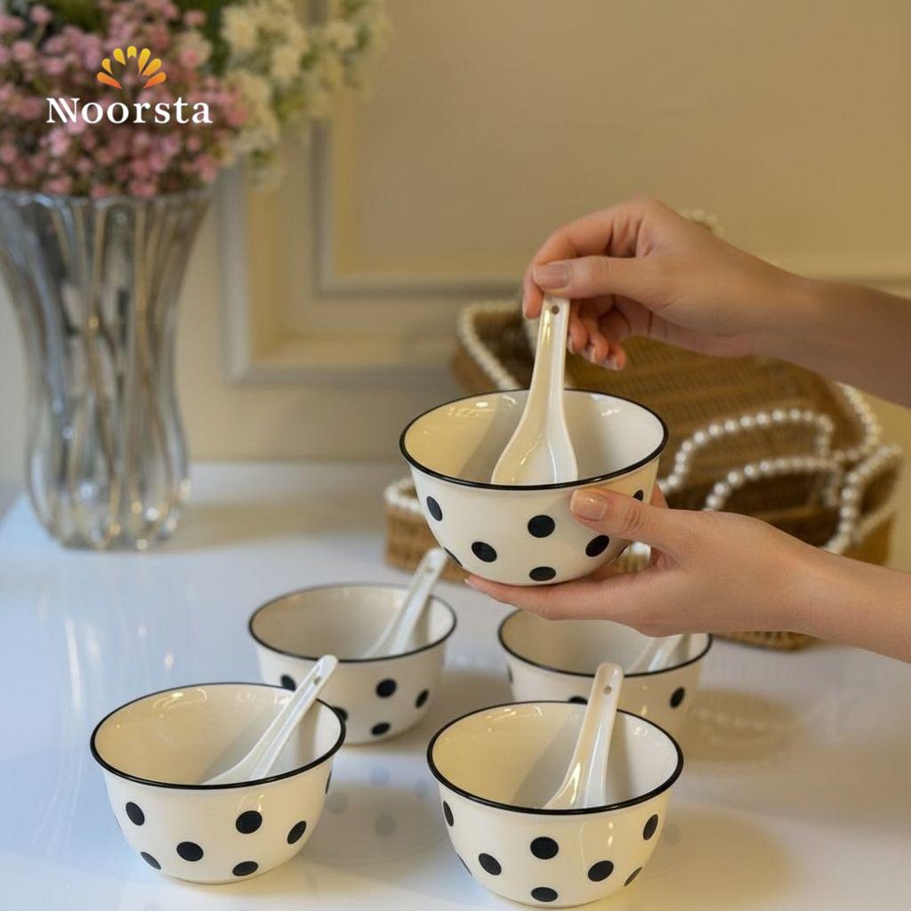 Noir & Blanc Polka Dot Ceramic Dessert Set with Spoons