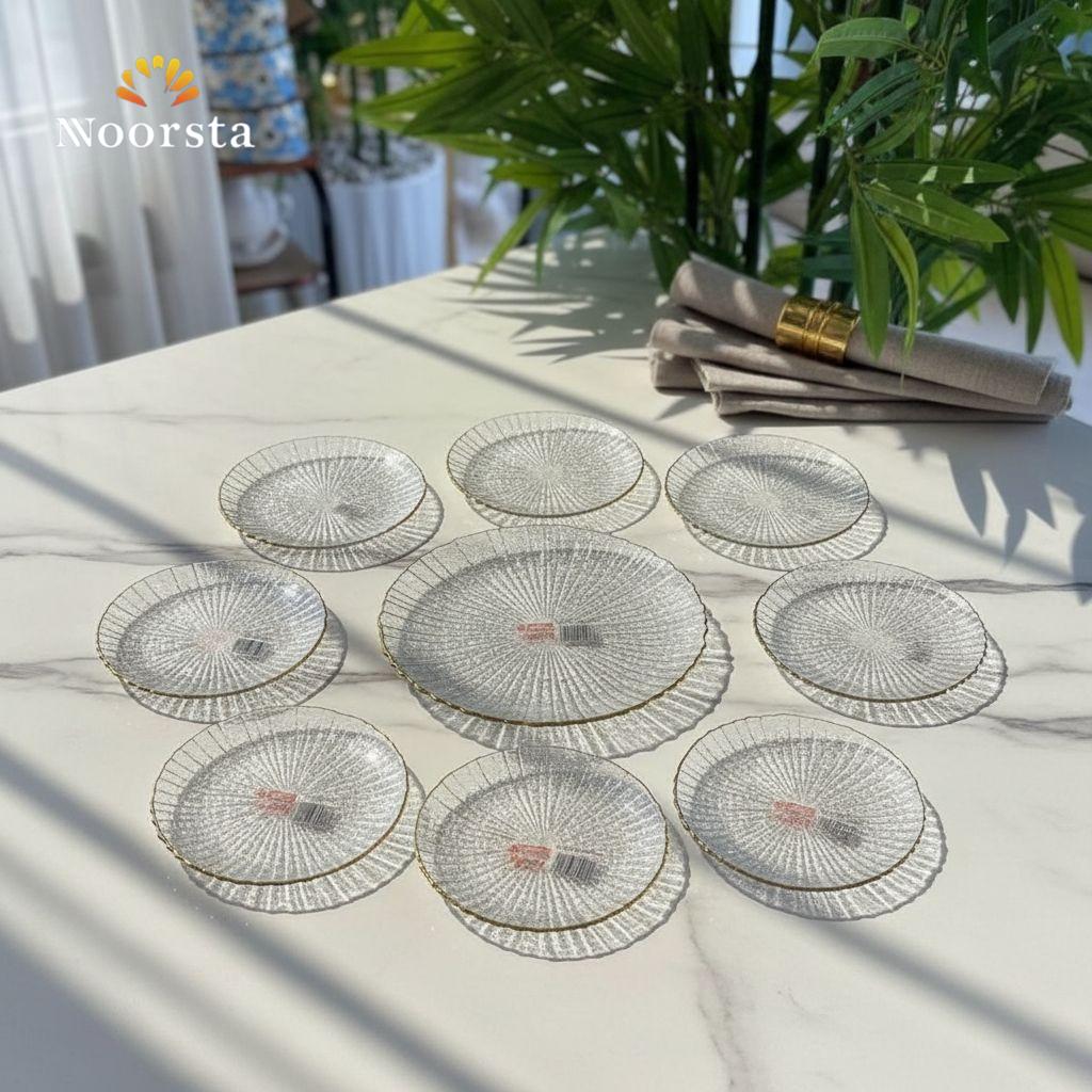 طقم جاتوه زجاج مضلع 7 قطع بإطار ذهبي أنيق - Elegant 7-Piece Ribbed Glass Dessert Plate Set with Gold Rim - Noorsta
