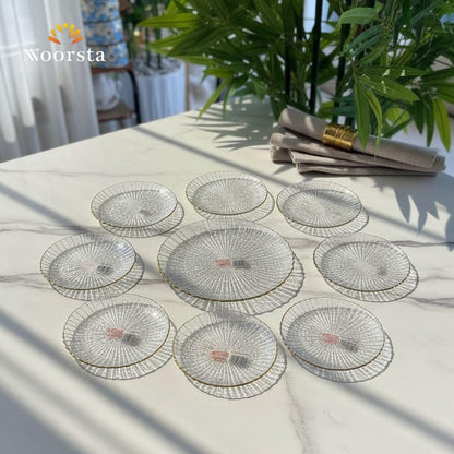 طقم جاتوه زجاج مضلع 7 قطع بإطار ذهبي أنيق - Elegant 7-Piece Ribbed Glass Dessert Plate Set with Gold Rim - Noorsta
