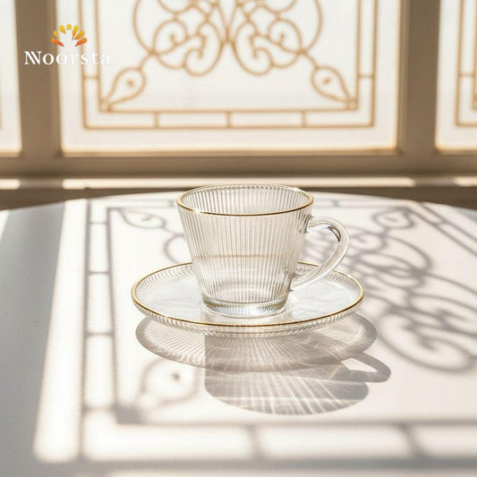 Aurelia Gold-Rimmed Fluted Glass Tea Cup & Saucer Set