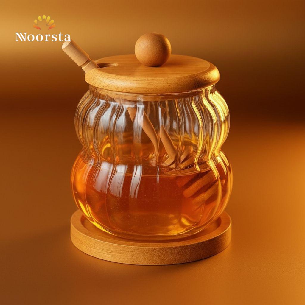 برطمان عسل بايركس مقلم مع معلقة خشب - Premium Ribbed Pyrex Honey Jar - Noorsta