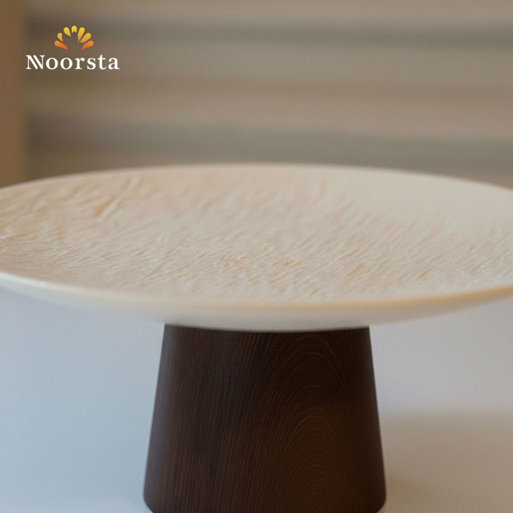 طبق تقديم بورسلين شيك بقاعدة خشب بامبو - Elegant Porcelain Pedestal Serving Plate - Noorsta